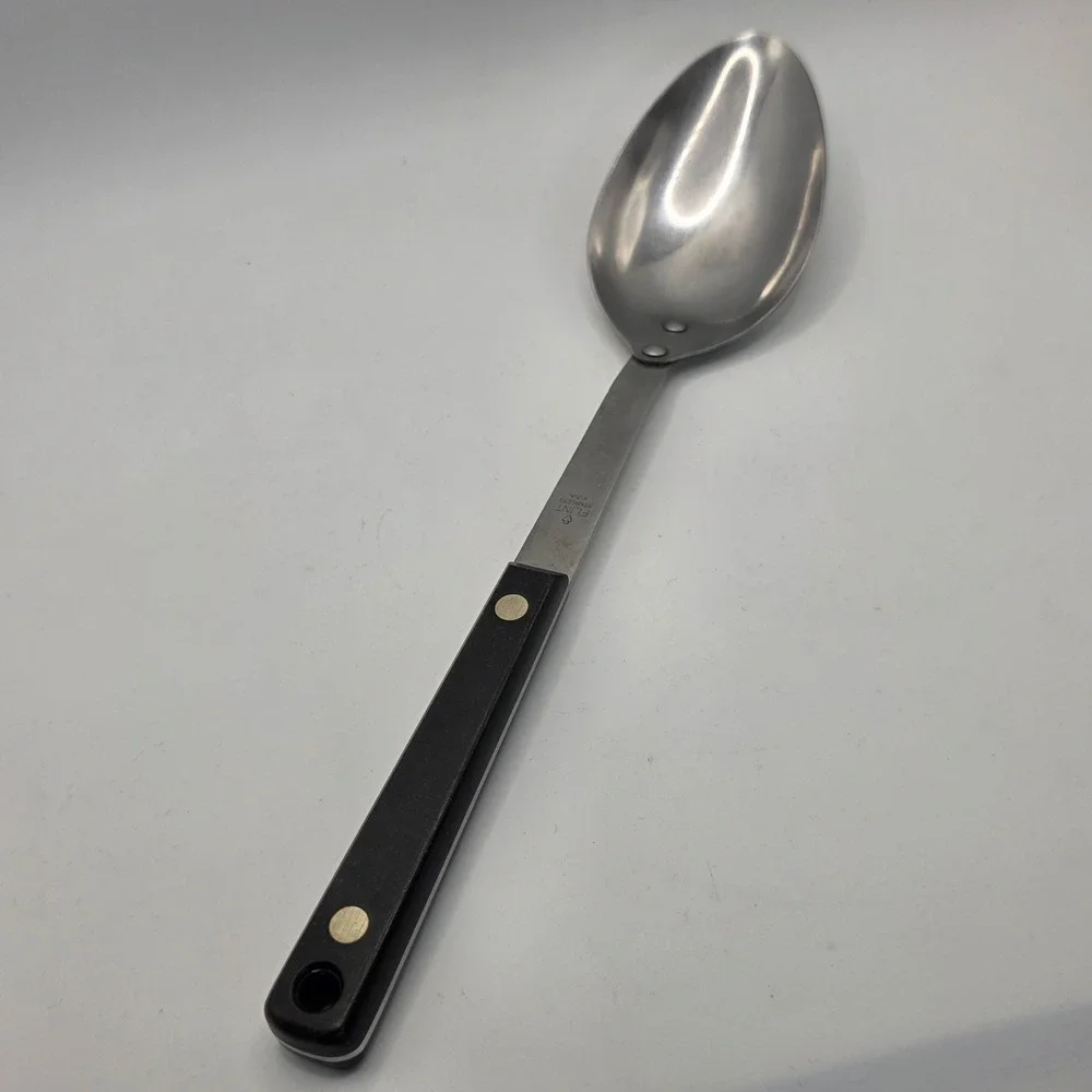 Vintage Flint Stainless USA Serving Spoon Black Riveted Handle 12 Inch Utensil
